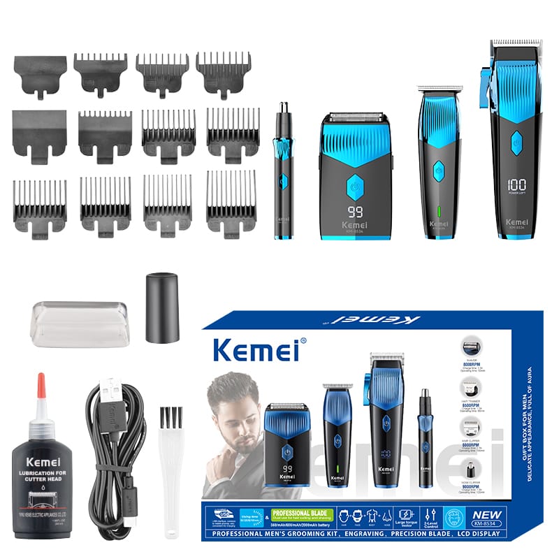 KEMEI km-8534 4 In 1 Barber Cordless Hair Clipper Full Set Electric Hair Clipper Trimmer Rechargeable Shaver Nose Hair Trimmer