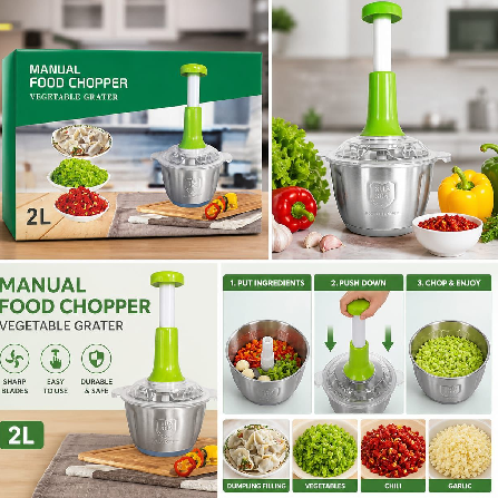 Prep Like a Pro—No Electricity Required: 2L Stainless Steel Hand Push Food Chopper